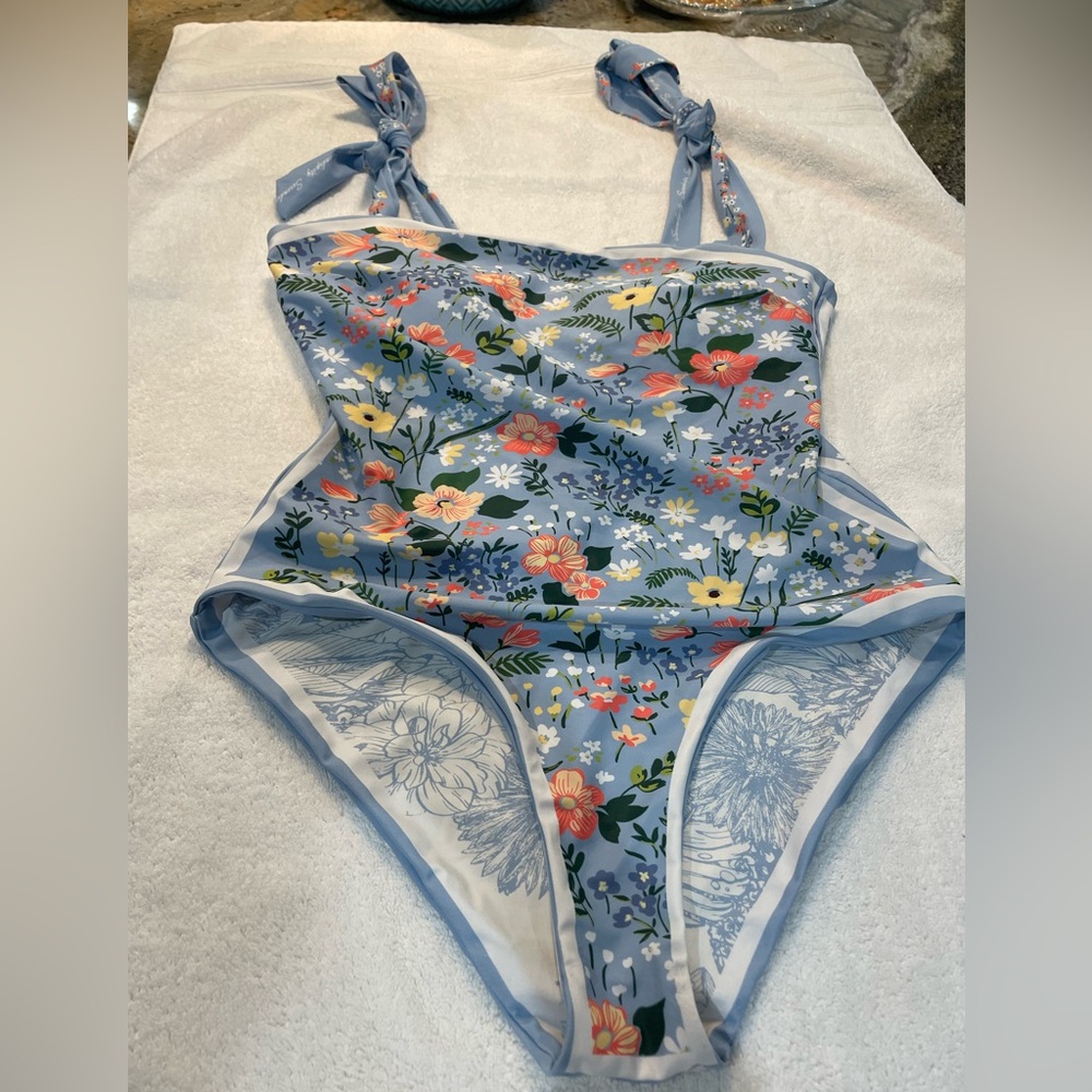 Serendipity Reversible One Piece Bathing Suit in Blue Floral Tie Shoulder - Med